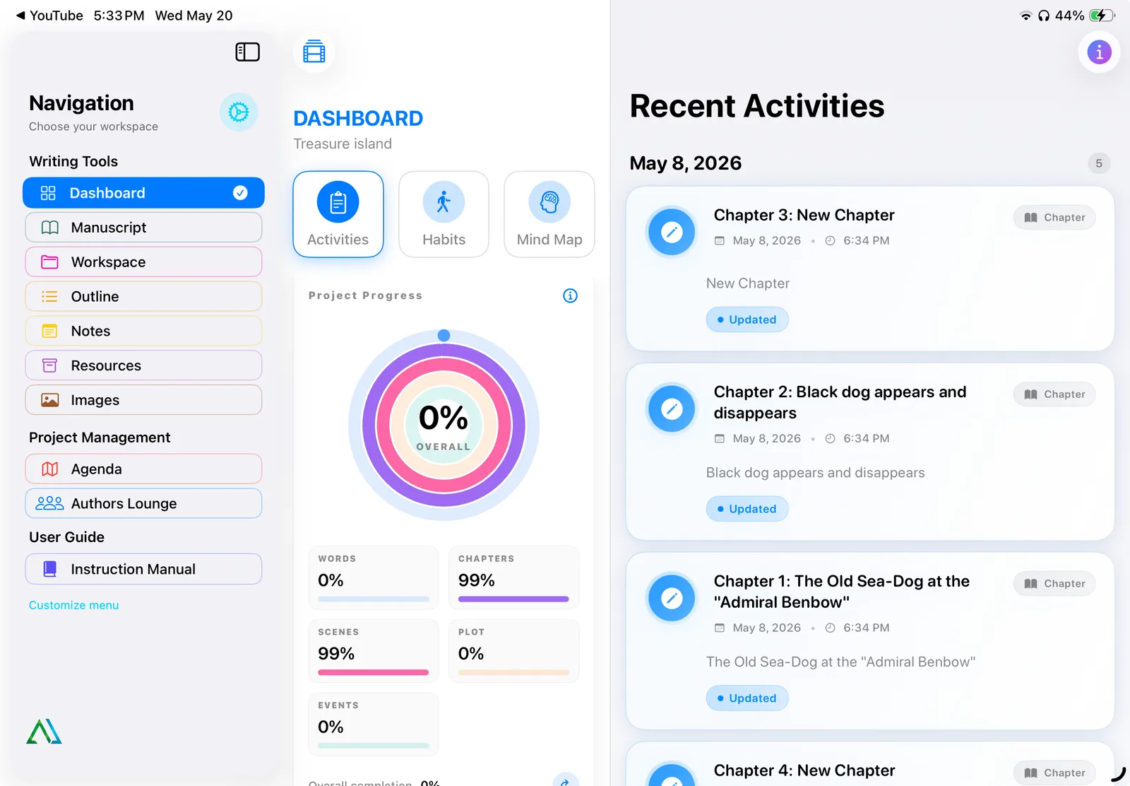AYCM Manuscript project dashboard on iPad